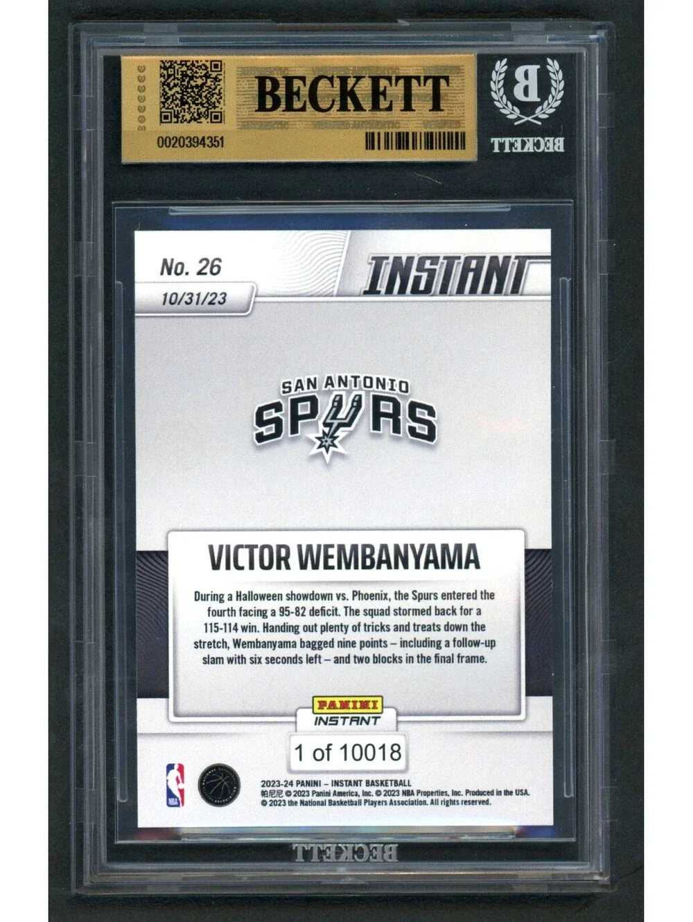 2023-24 Panini Instant #26 Victor Wembanyama Rookie RC BGS 9.5 GEM MINT